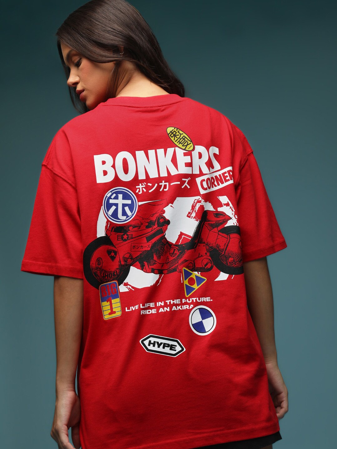 

Bonkers Corner Red Graphic Printed Drop-Shoulder Sleeves Cotton Oversized T-shirt