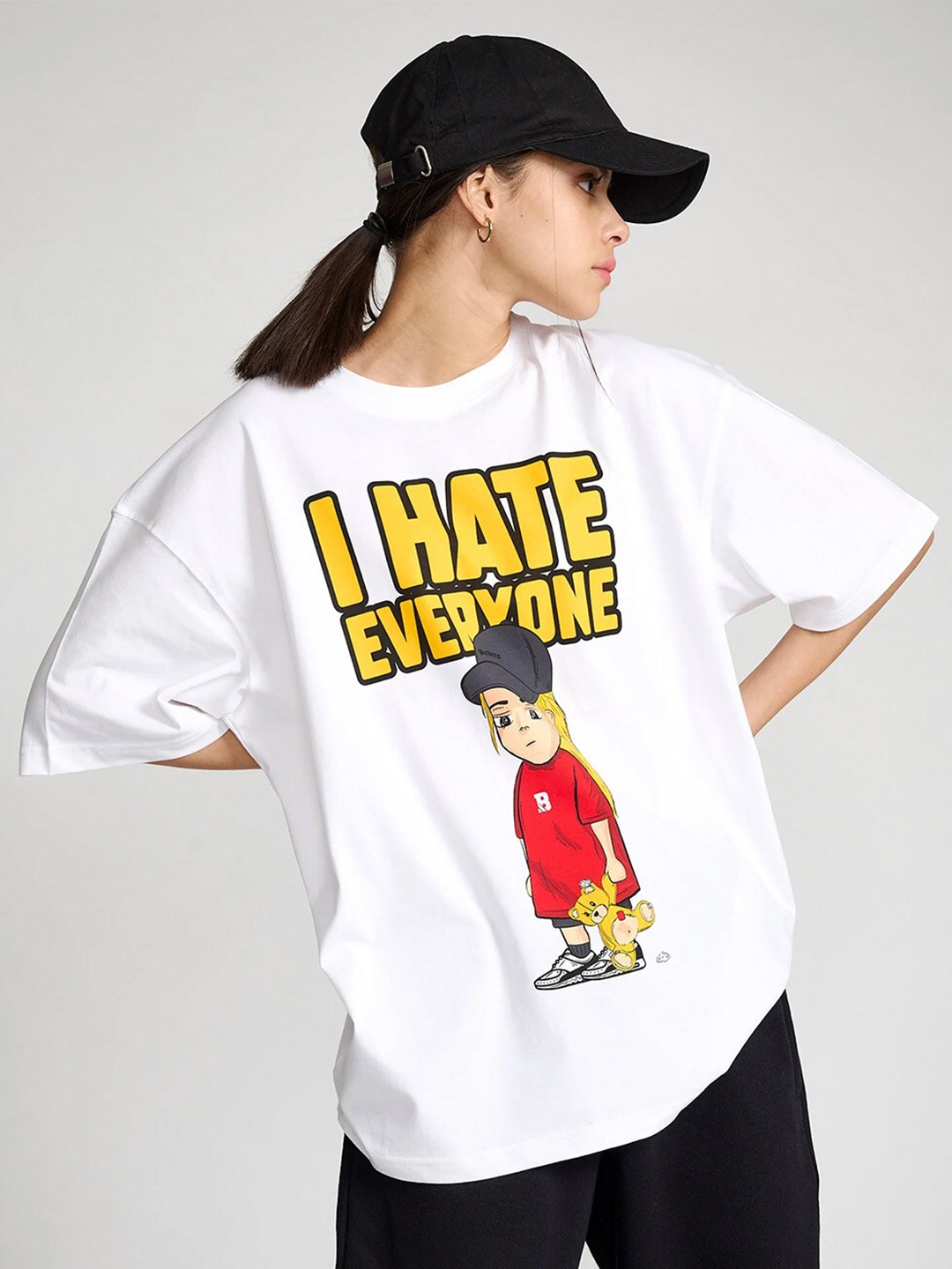 

Bonkers Corner White Graphic Printed Drop-Shoulder Sleeves Cotton Oversized T-shirt
