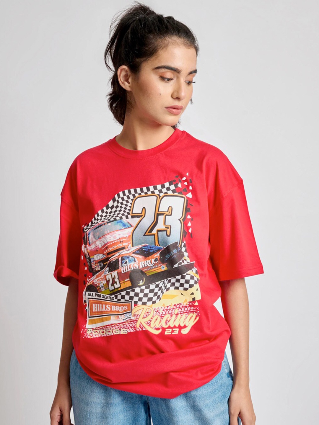 

Bonkers Corner Red Graphic Printed Drop-Shoulder Sleeves Cotton Oversized T-shirt