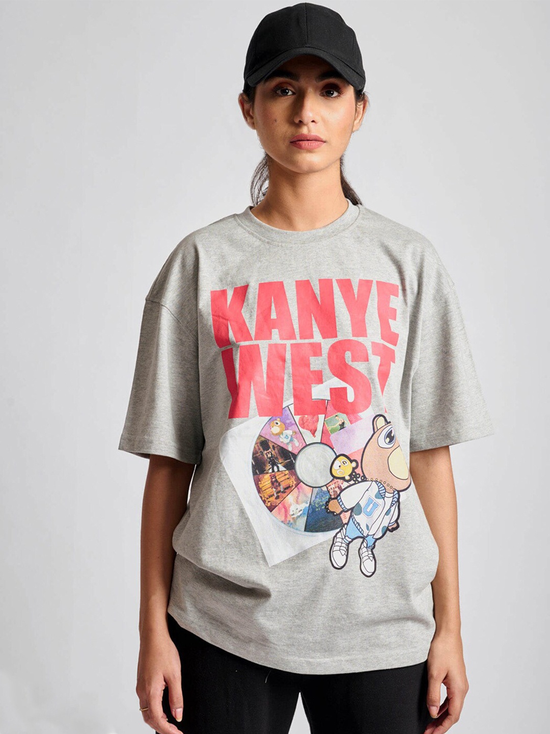 

Bonkers Corner Grey Typography Printed Drop-Shoulder Sleeves Cotton Oversized T-shirt