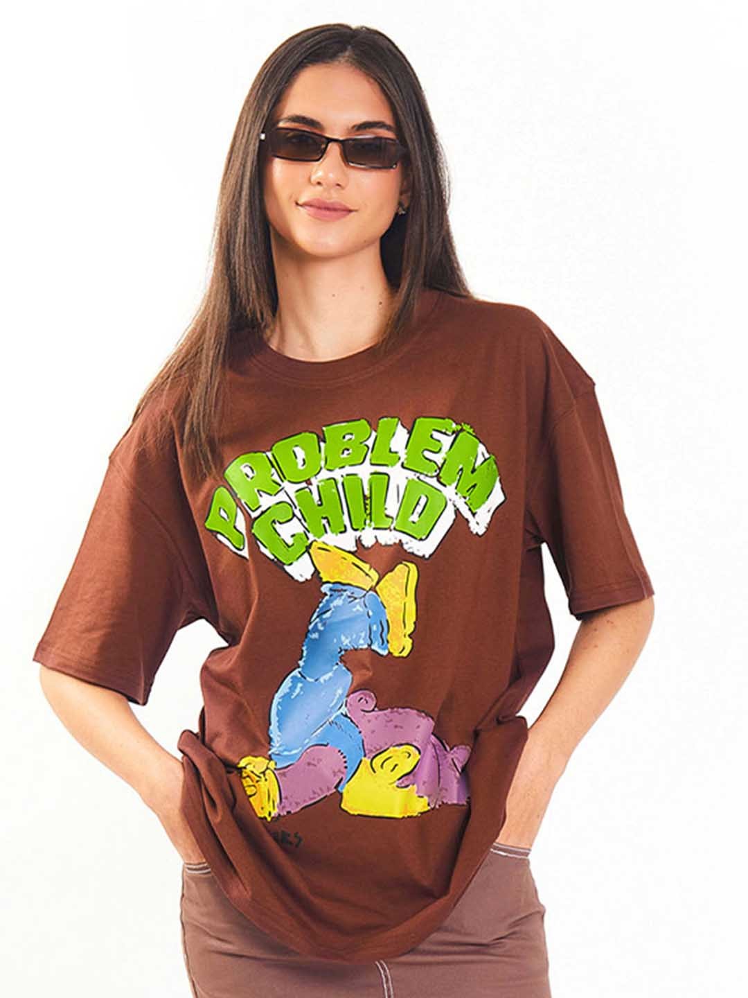 

Bonkers Corner Brown Problem Child Printed Longline Oversized T-shirt