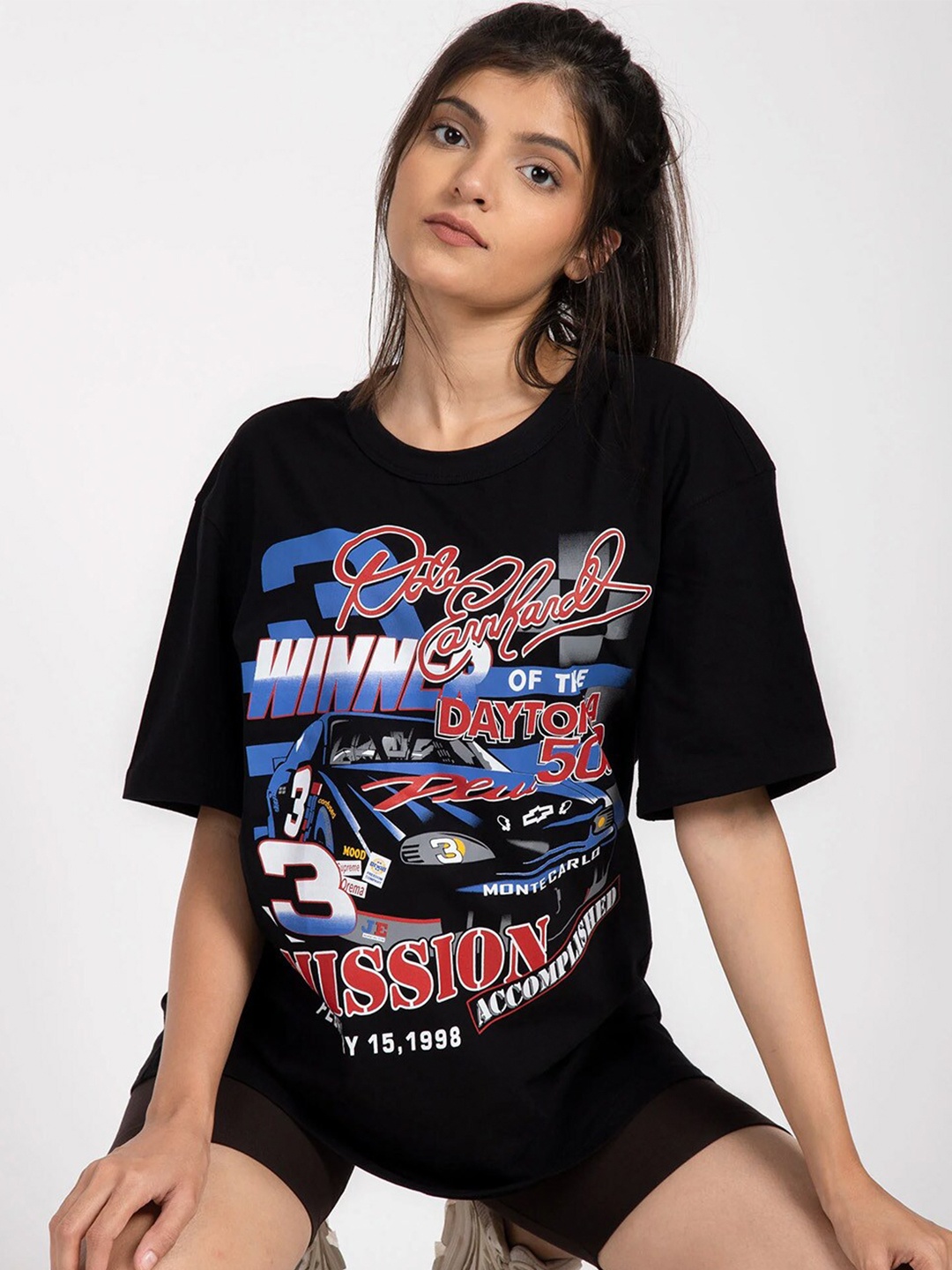 

Bonkers Corner Black Typography Printed Drop-Shoulder Sleeves Cotton Oversized T-shirt