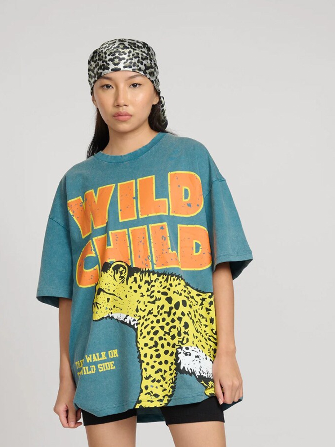 

Bonkers Corner Typography Printed Drop Shoulder Sleeves Oversized Cotton Longline T-Shirt, Green
