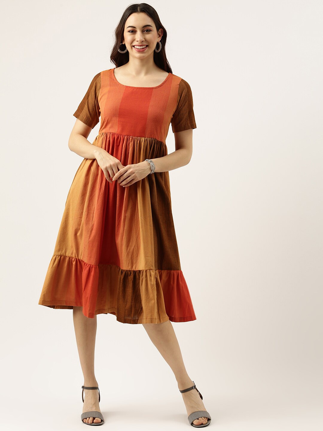 

Lokatita Colourblocked Cotton Fit & Flare Midi Dress, Orange