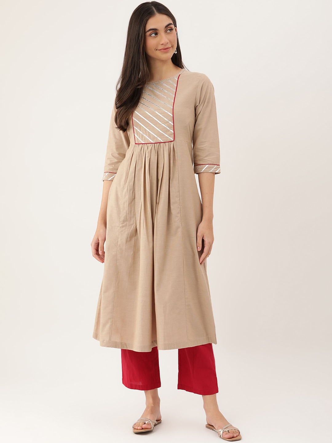 

Lokatita Yoke Design Thread Work Anarkali Kurta, Beige