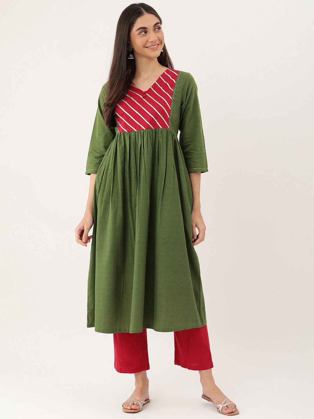 

Lokatita Yoke Design Thread Work Anarkali Kurta, Green