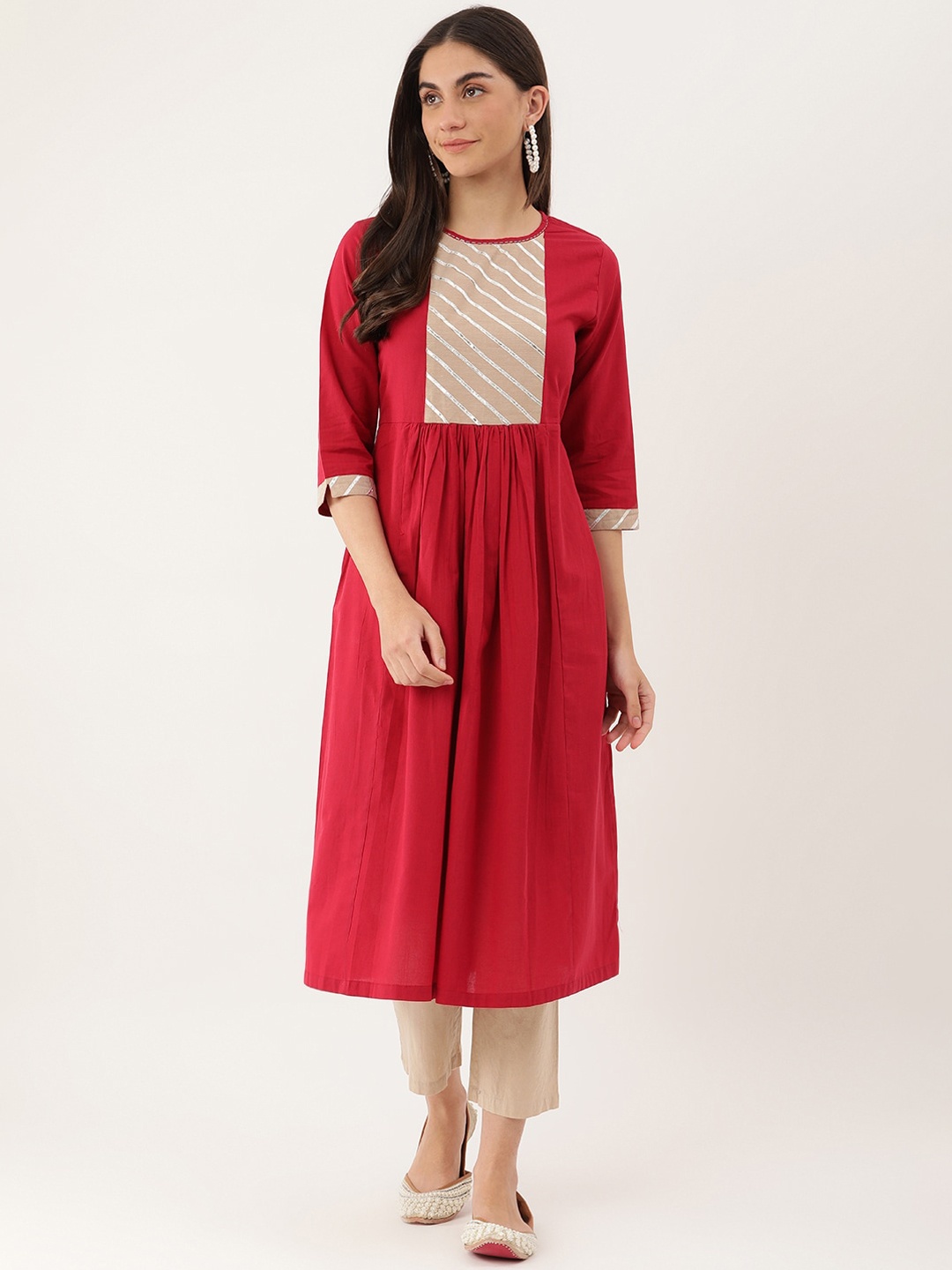 

Lokatita Yoke Design Flared Sleeves Thread Work Anarkali Kurta, Red