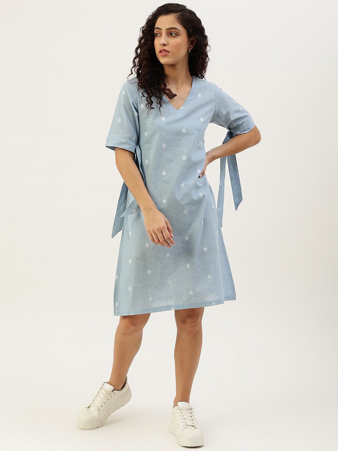 

Lokatita Polka Dot Printed Cotton A-Line Dress, Blue