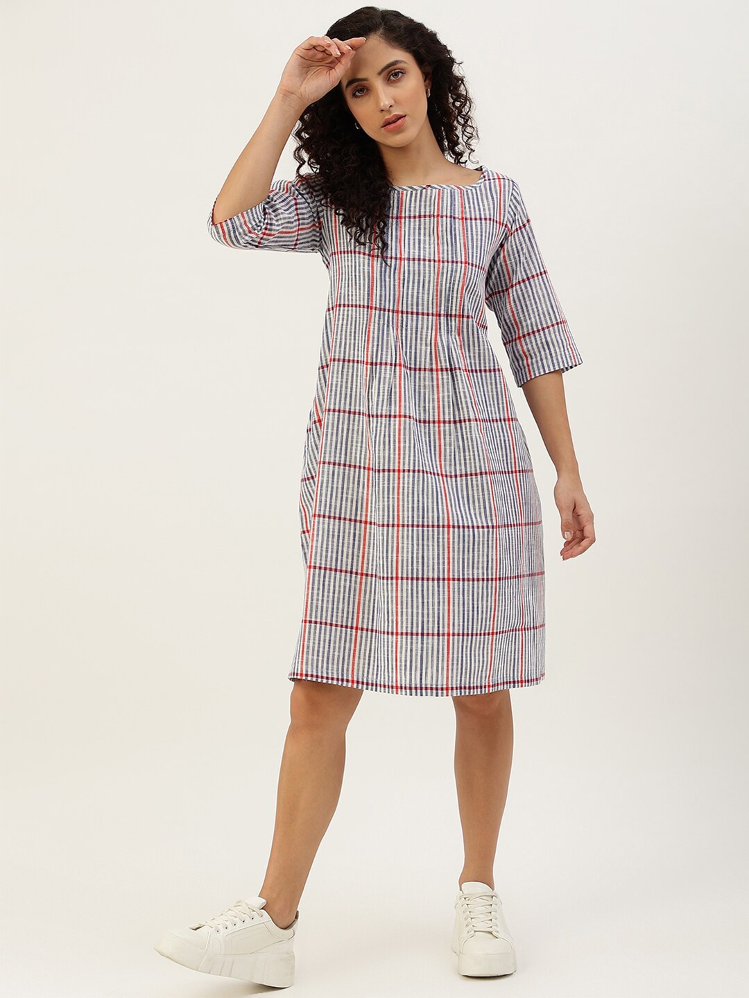 

Lokatita Checked Cotton A-Line Knee Length Dress, Grey
