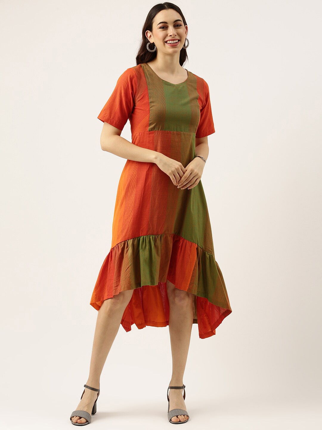 

Lokatita V-Neck High-Low Cotton A-line Midi Dress, Orange