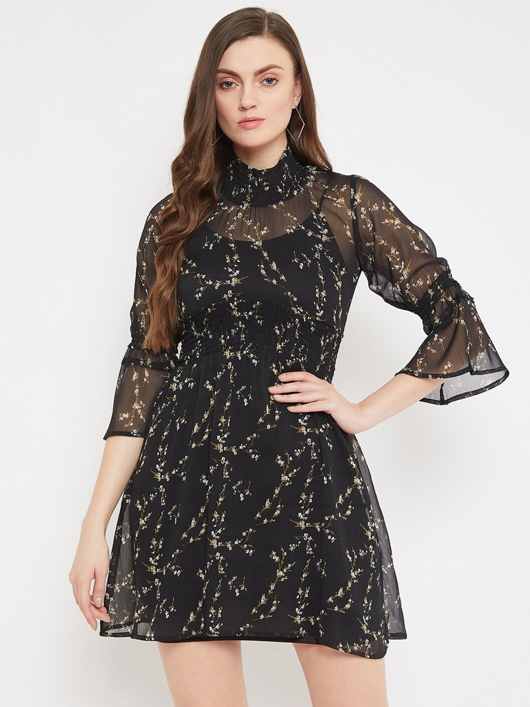 

Nun Floral Printed Bell Sleeve Fit & Flare Dress, Black