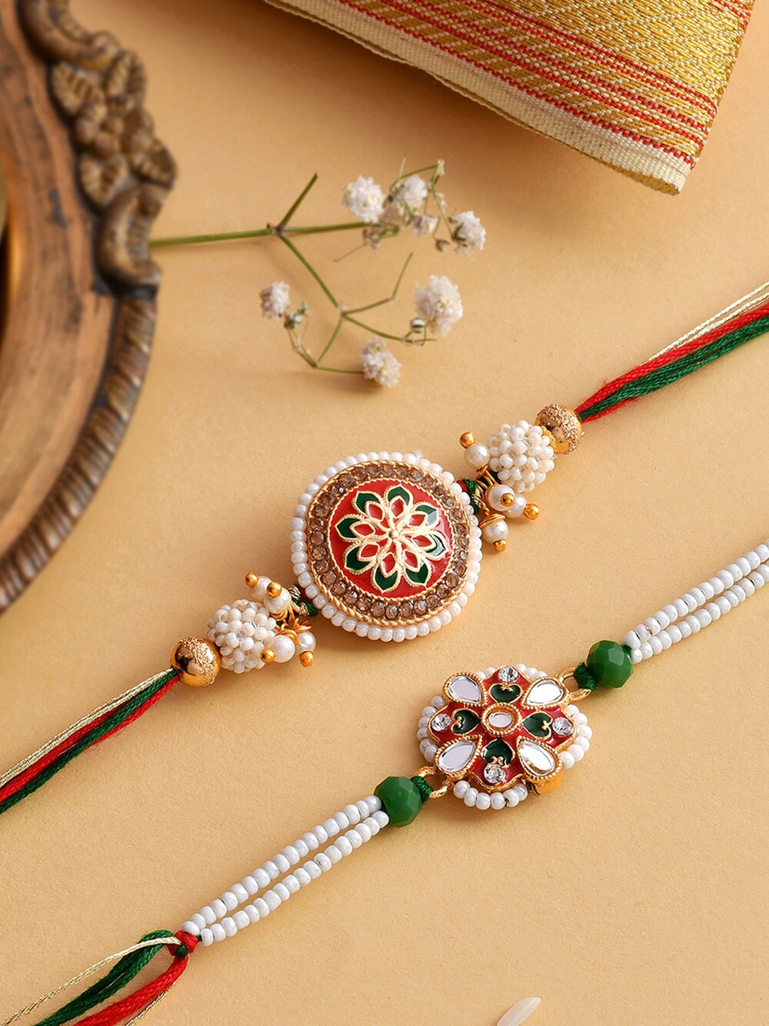 

Hyperfoods Set of 2 Beaded Rakhis With Roli Chawal & Chocolate Box-24 Pcs, Red