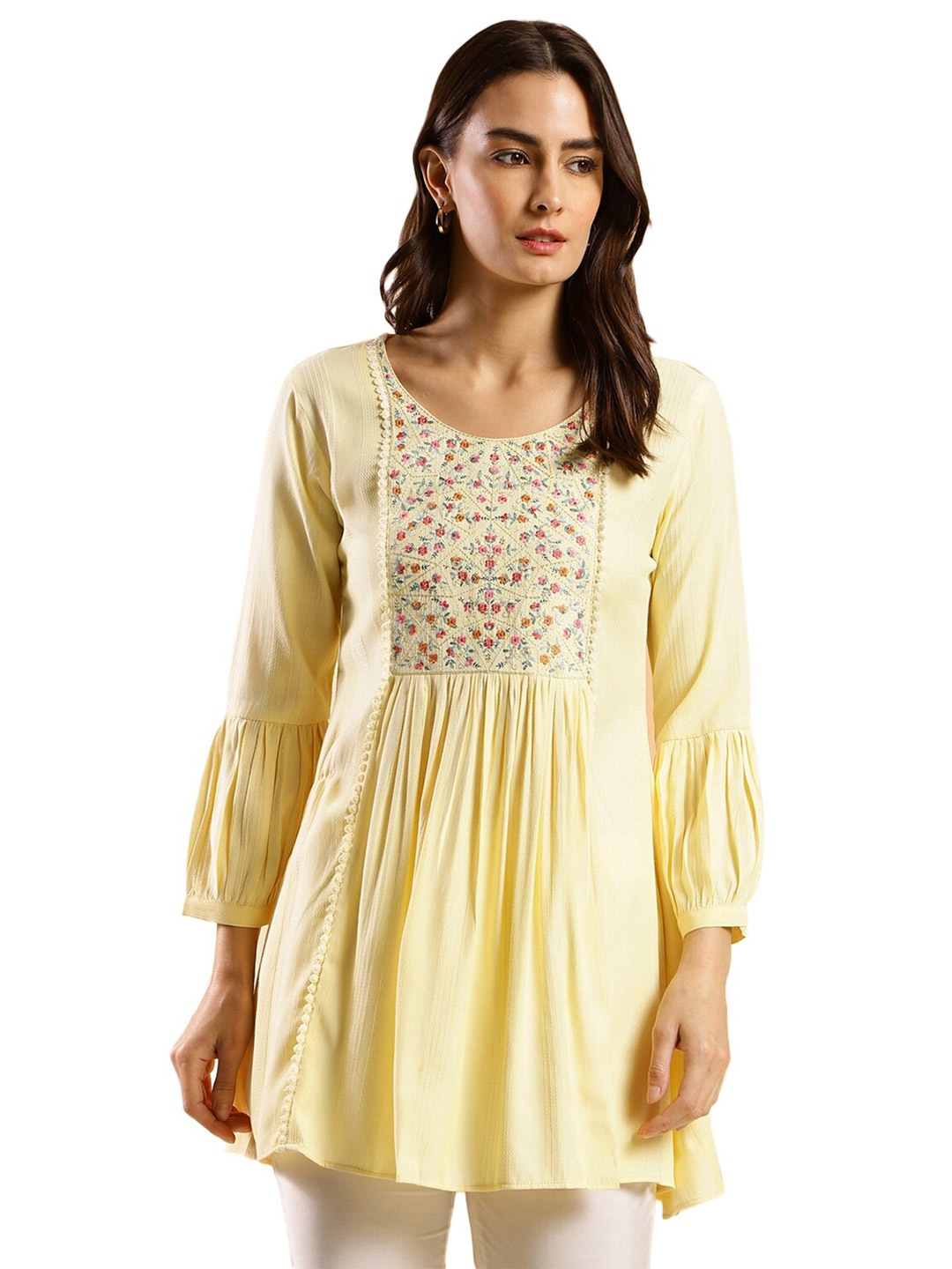 

Nimayaa Floral Embroidered Puff Sleeve A-Line Kurti, Yellow