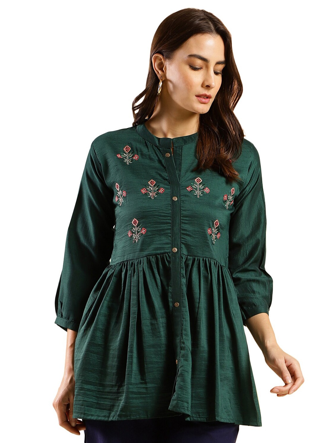 

Nimayaa Floral Embroidered Puffed Sleeves Gathered or Pleated Longline A-Line Top, Green