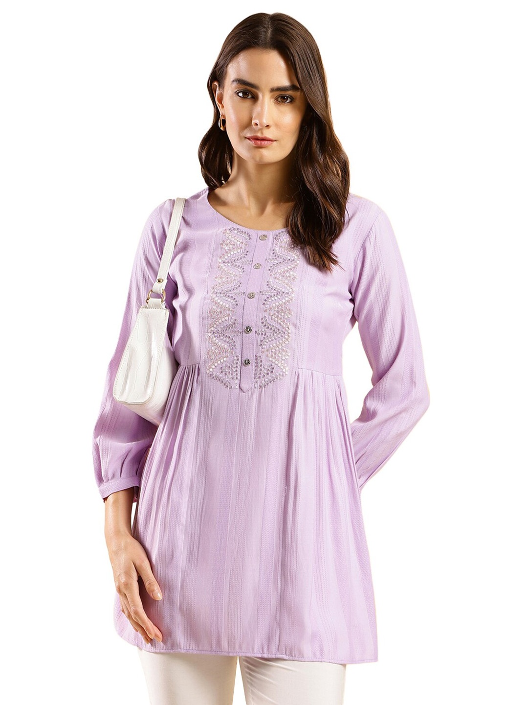 

Nimayaa Embroidered Puffed Sleeves A-Line Top, Lavender