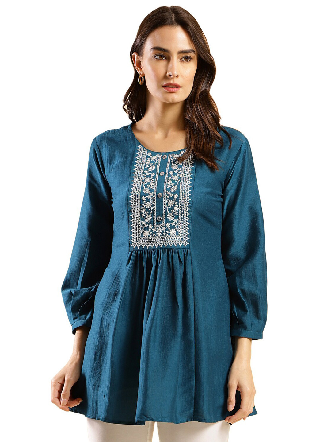 

Nimayaa Embroidered Puffed Sleeves A-Line Top, Blue