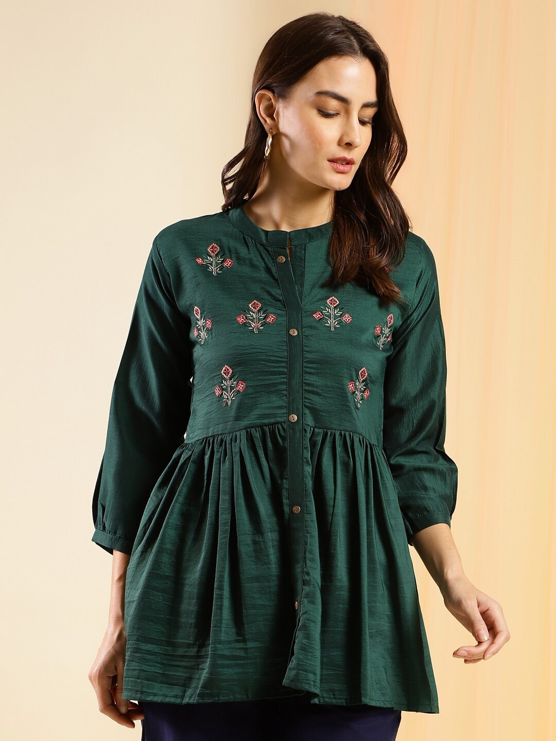 

Sangria Embroidered Band Collar Thread Work Pleated A-Line Kurta, Green