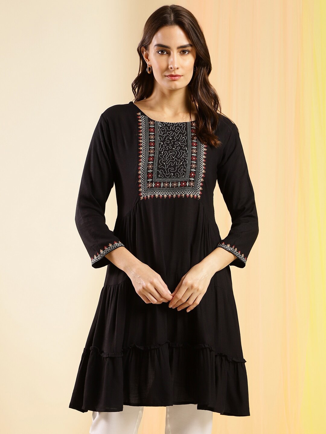 

Sangria Embroidered Thread Work A-Line Kurta, Black