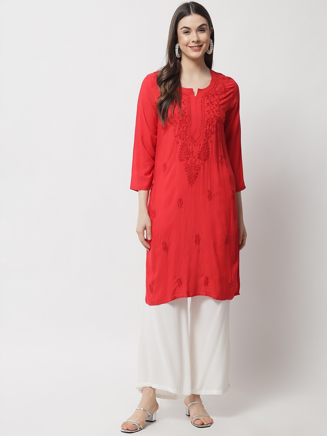 

Ethnava Floral Embroidered Round Neck Chikankari Regular Kurta, Red