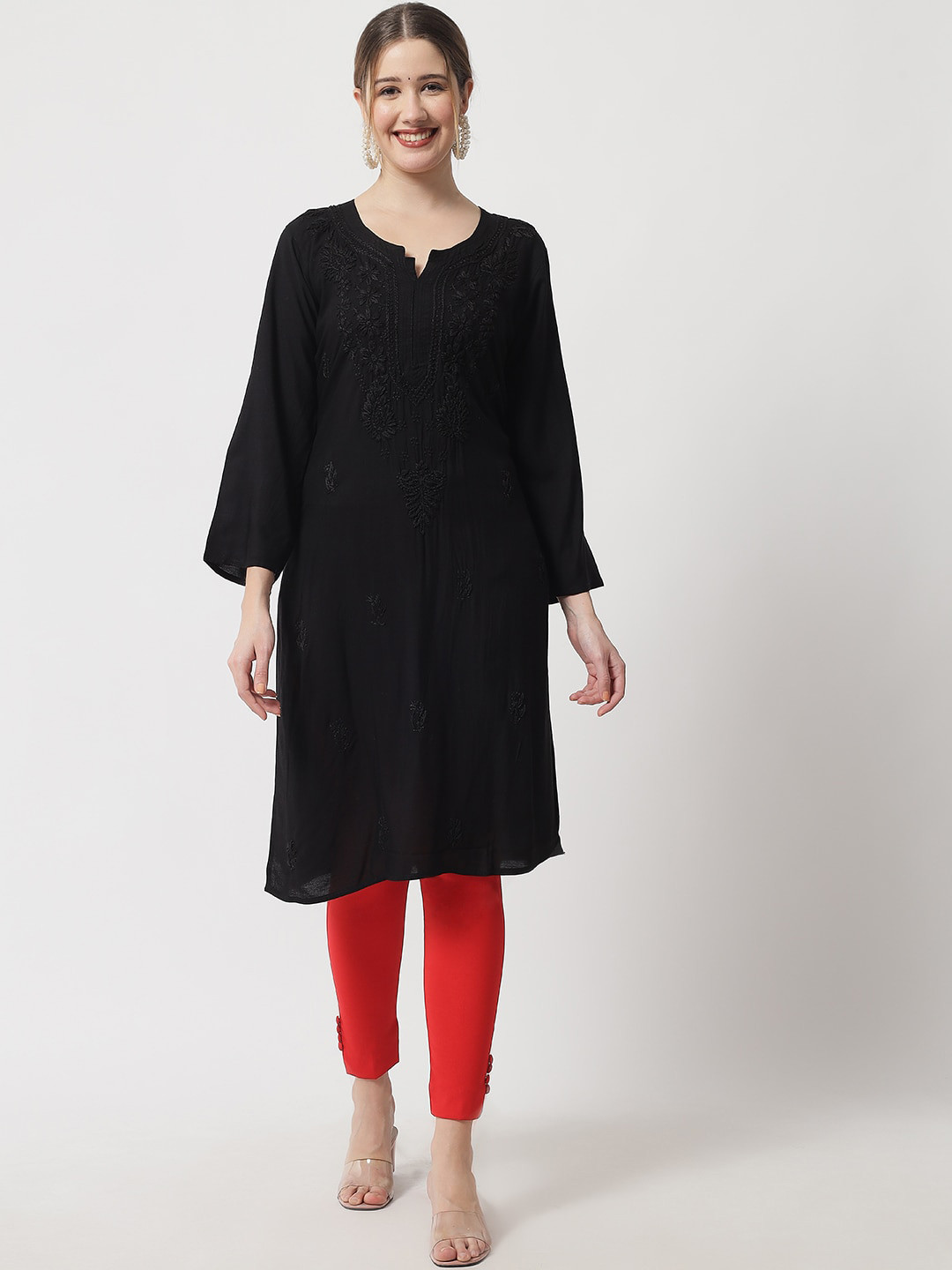 

Ethnava Floral Embroidered Straight Kurta, Black