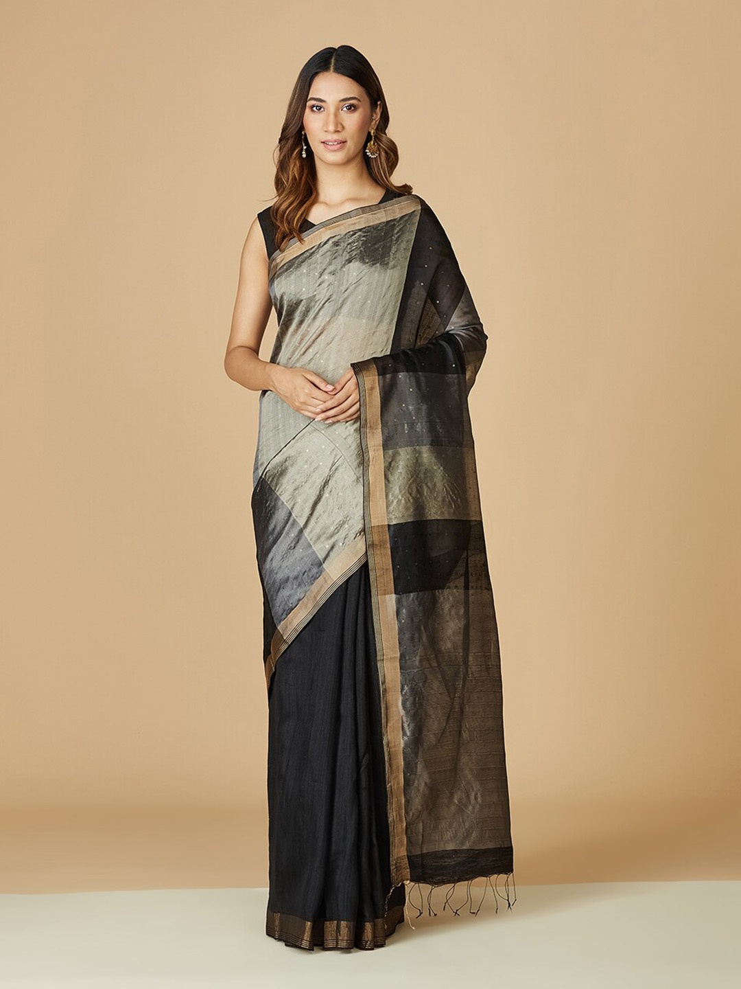 

Fabindia Black & Grey Colourblocked Zari Pure Silk Saree
