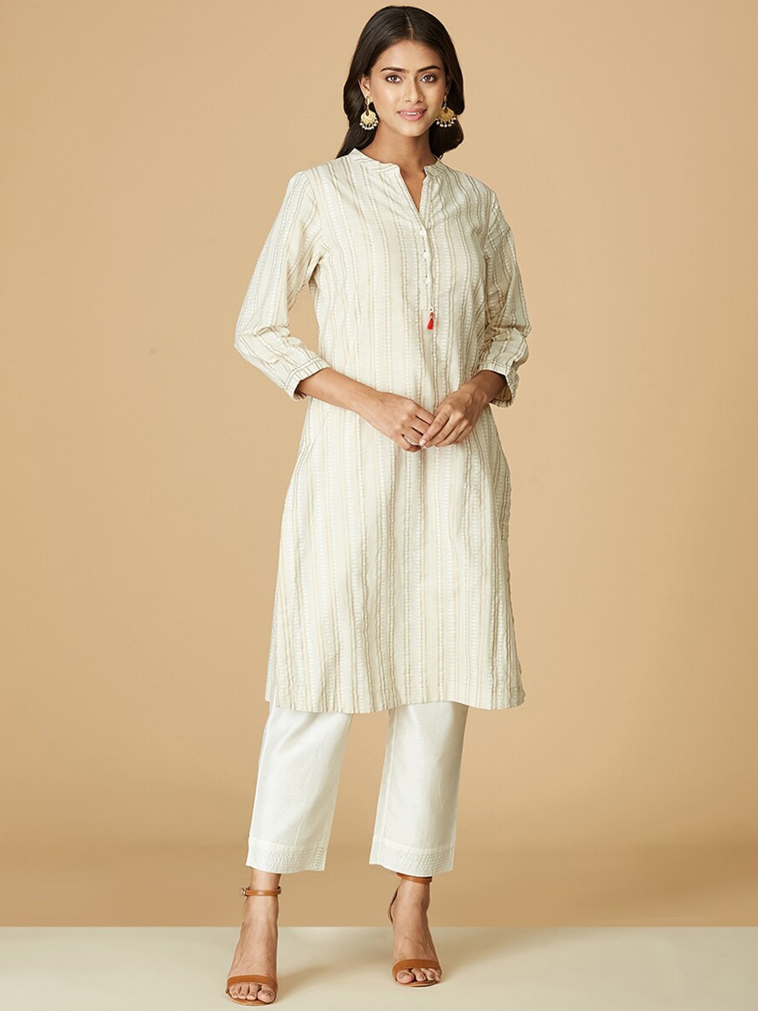 

Fabindia Striped Mandarin Collar Cotton Kurta, Off white