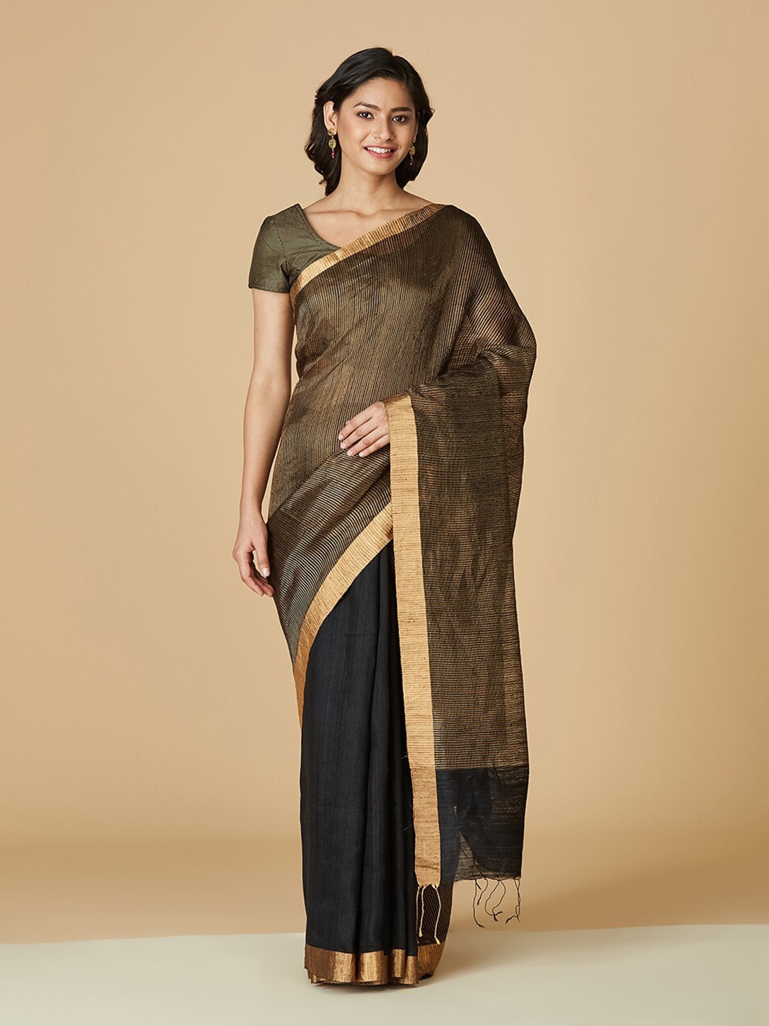 

Fabindia Striped Zari Saree, Black