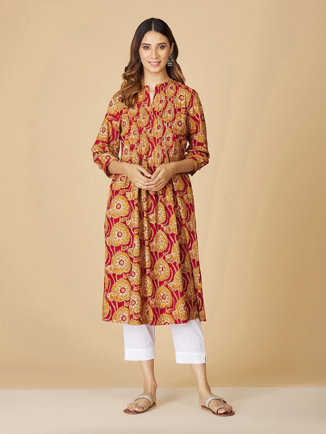 

Fabindia Ethnic Motifs Printed Mandarin Collar Cotton A-Line Midi Dress, Maroon