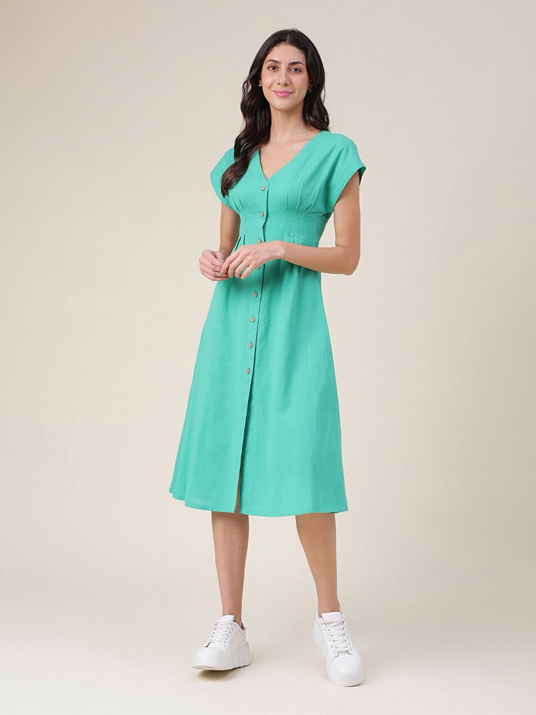 

Fabindia V-Neck Extended Sleeves Cotton A-Line Midi Dress, Blue