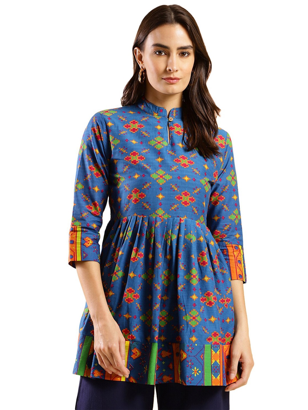 

Nimayaa Ethnic Motifs Printed Mandarin Collar Cotton Longline A-Line Top, Blue