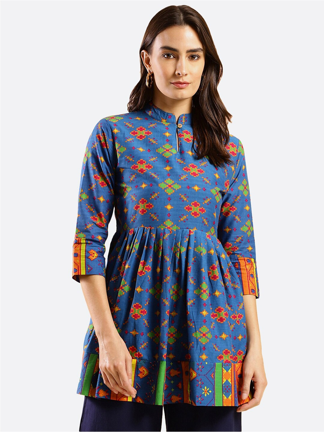 

KALINI Ethnic Motifs Printed Mandarin Collar Pure Cotton A-Line Longline Top, Blue