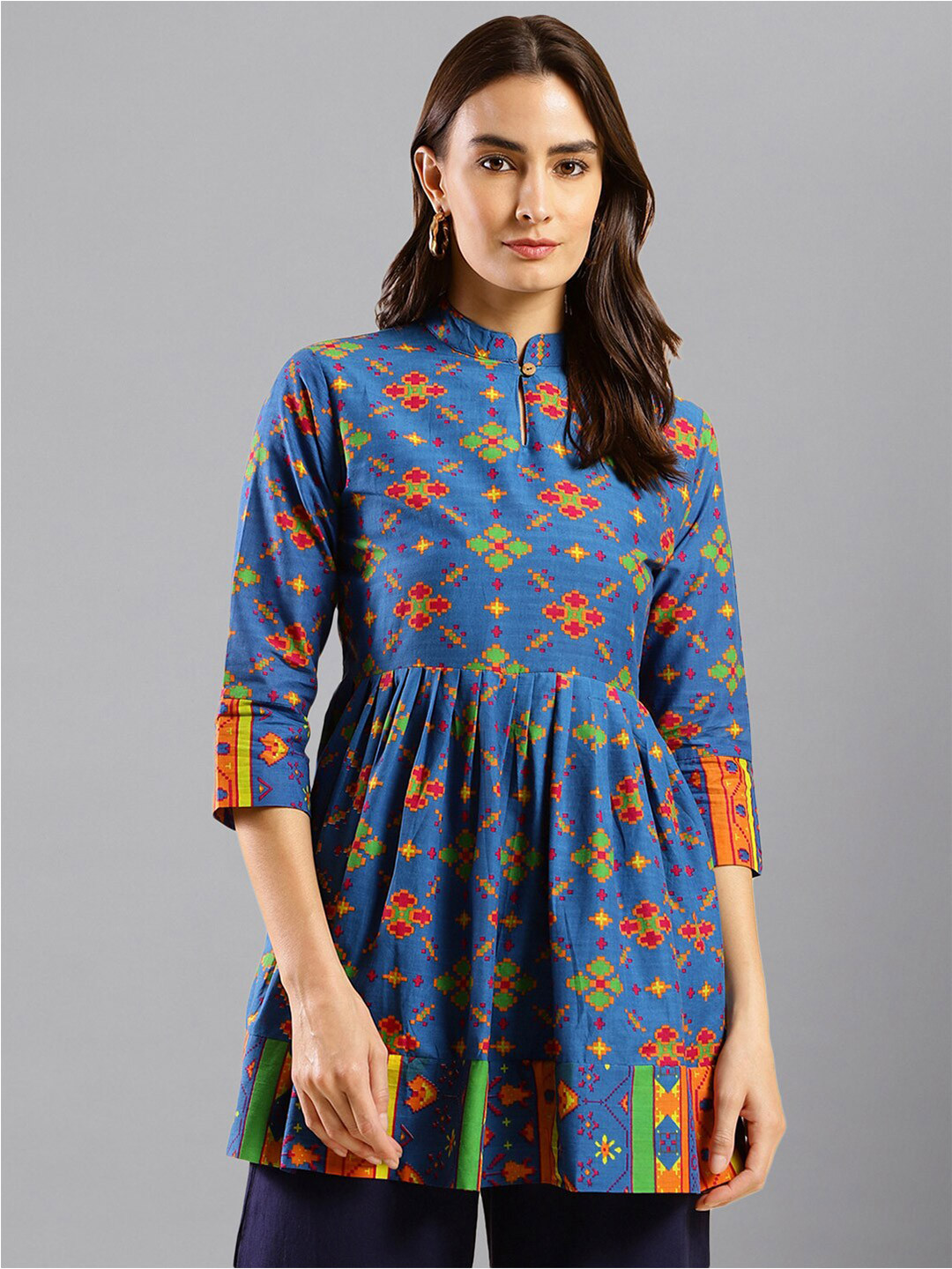 

HERE&NOW Blue Geometric Printed Mandarin Collar Pure Cotton Tunic