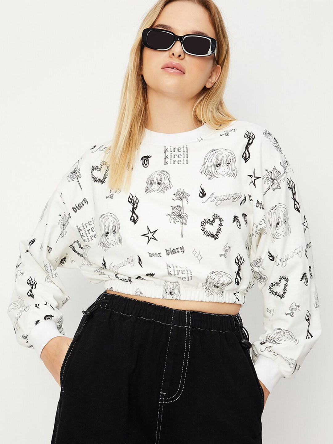 

max Conversational Printed Cotton Crop Sweatshirt, White