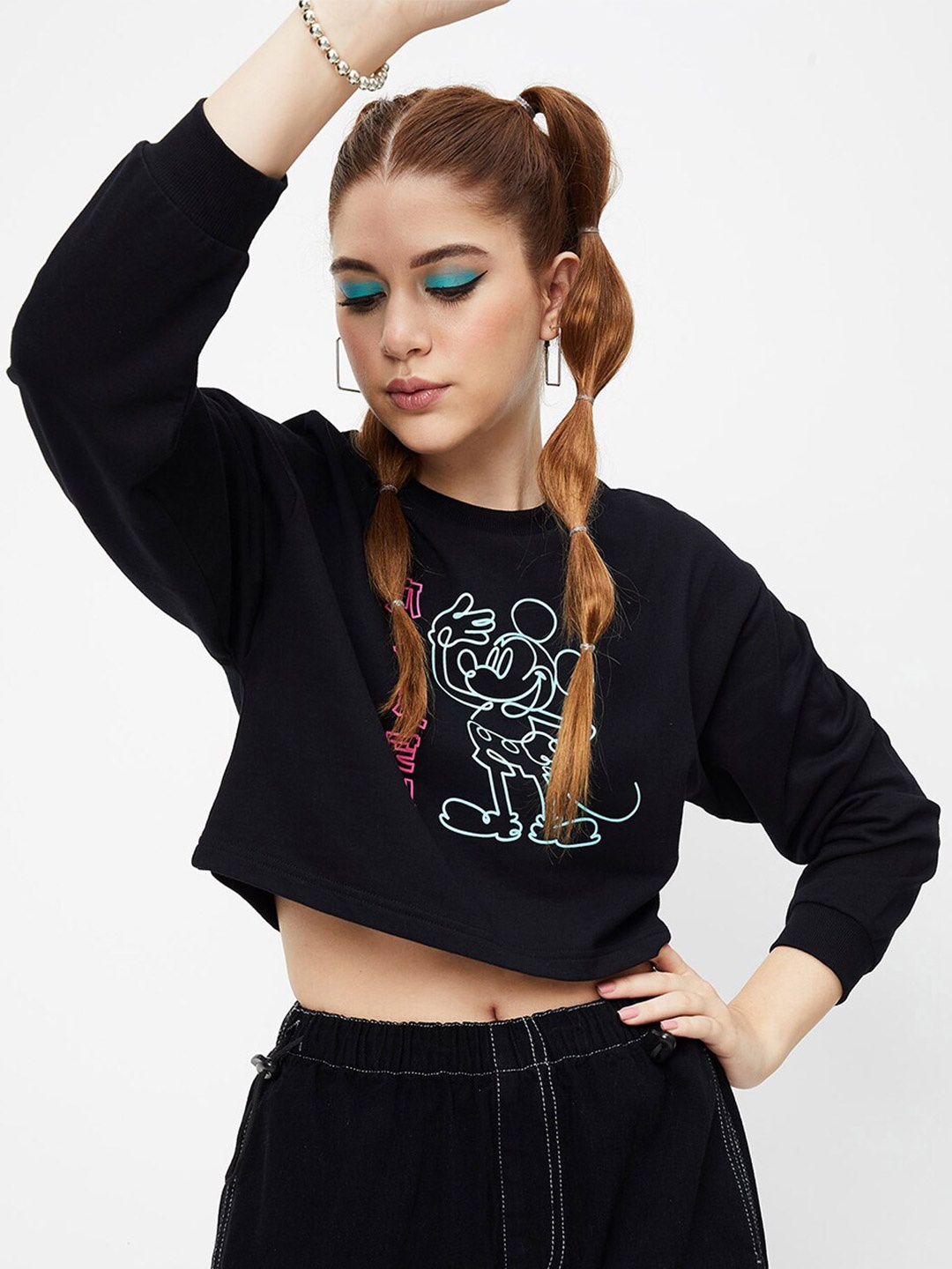 

max Mickey Mouse Printed Cotton Crop Sweatshirt, Black
