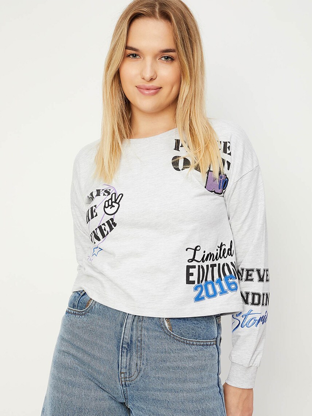 

max Typography Printed Cotton Sweatshirt, Grey