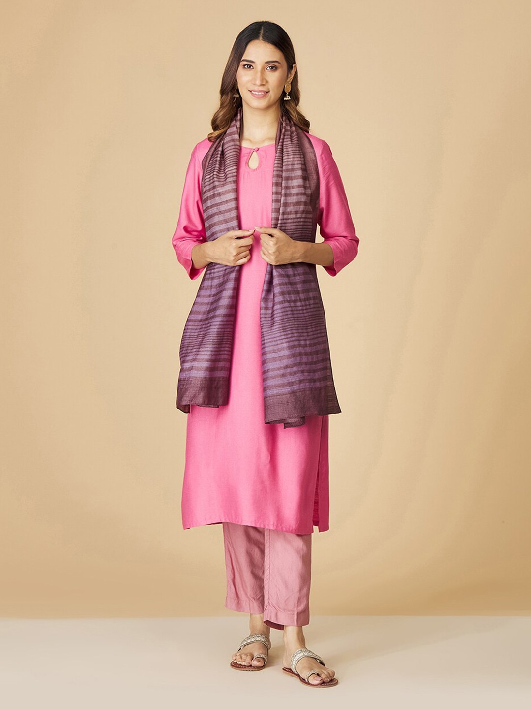 

Fabindia Women Striped Woven Design Silk Stole, Grey