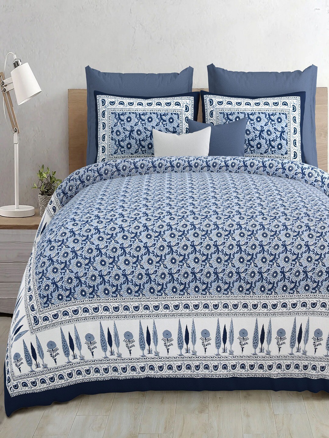 

Bombay Spreads Blue & White Floral Pure Cotton 210 TC King Bedsheet With 2 Pillow Covers