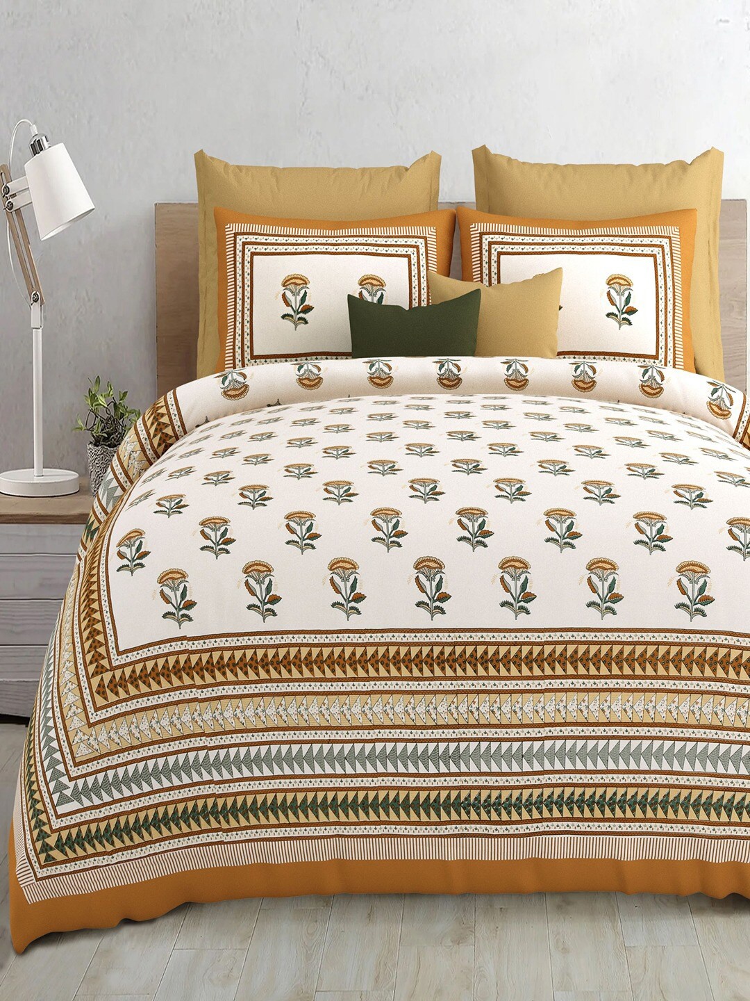 Bombay Spreads Beige & Green Floral Pure Cotton 210 TC King Bedsheet With 2 Pillow Covers