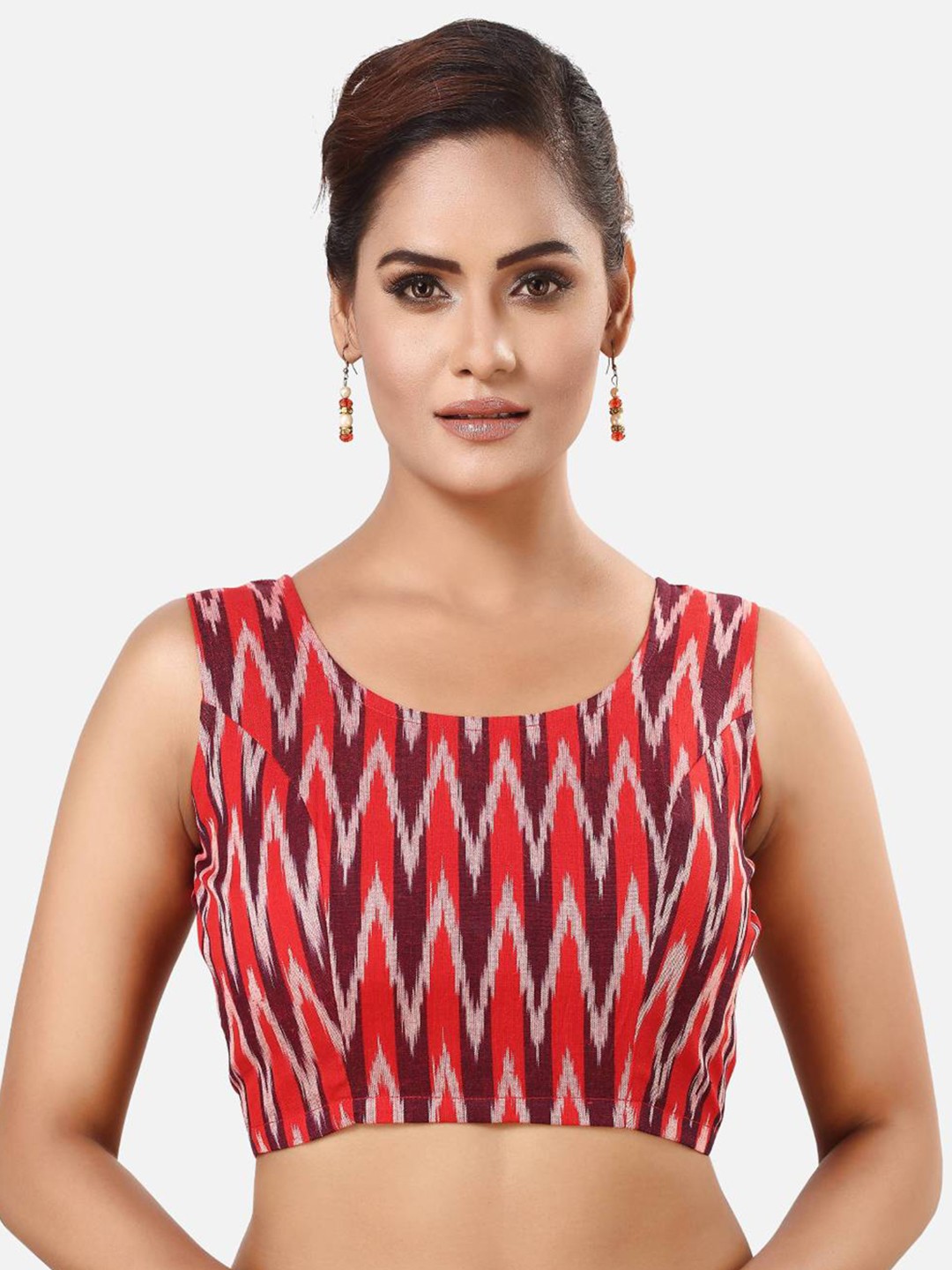 

Madhu Fashion Ikat Printed Pure Cotton Sleeveless Saree Blouse, Maroon