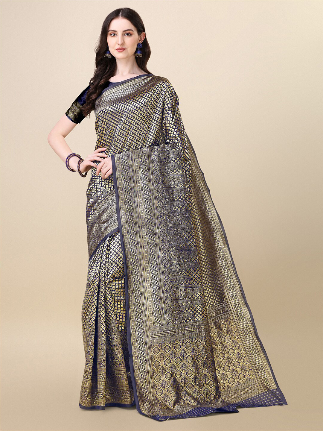 

Dori Ethnic Motifs Woven Design Zari Art Silk Saree, Navy blue