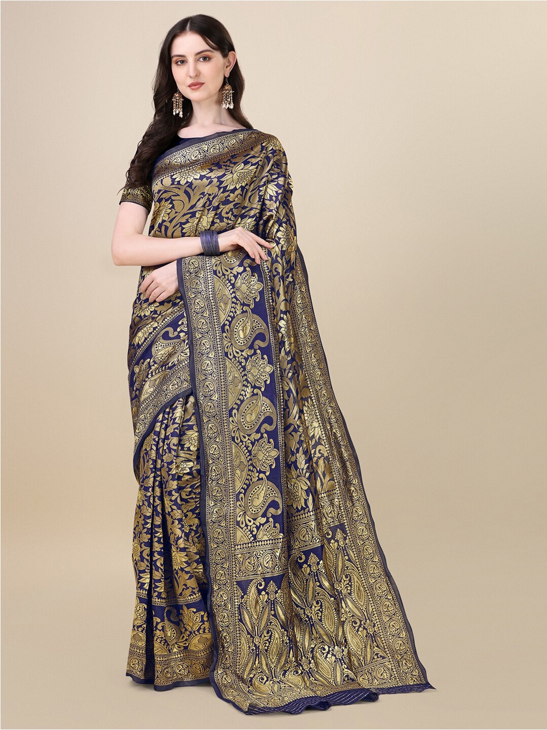 

Dori Navy Ethnic Motifs Woven Design Zari Art Silk Saree, Navy blue