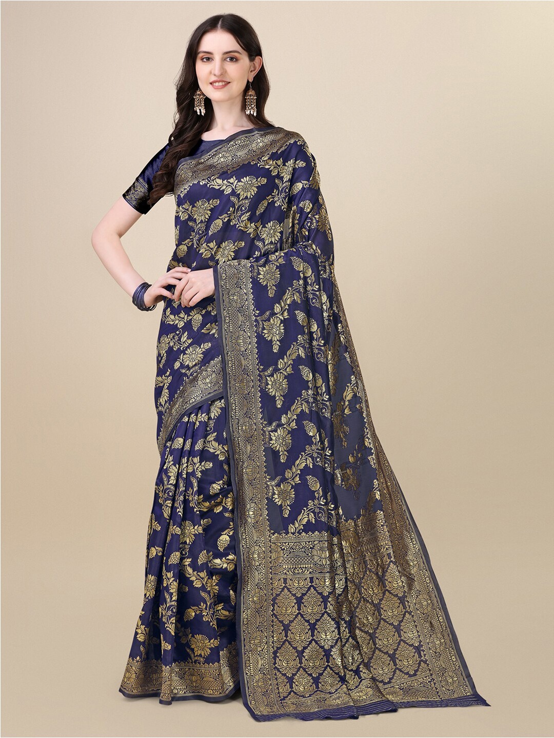 

Dori Navy Ethnic Motifs Printed Woven Design Zari Art Silk Saree, Navy blue