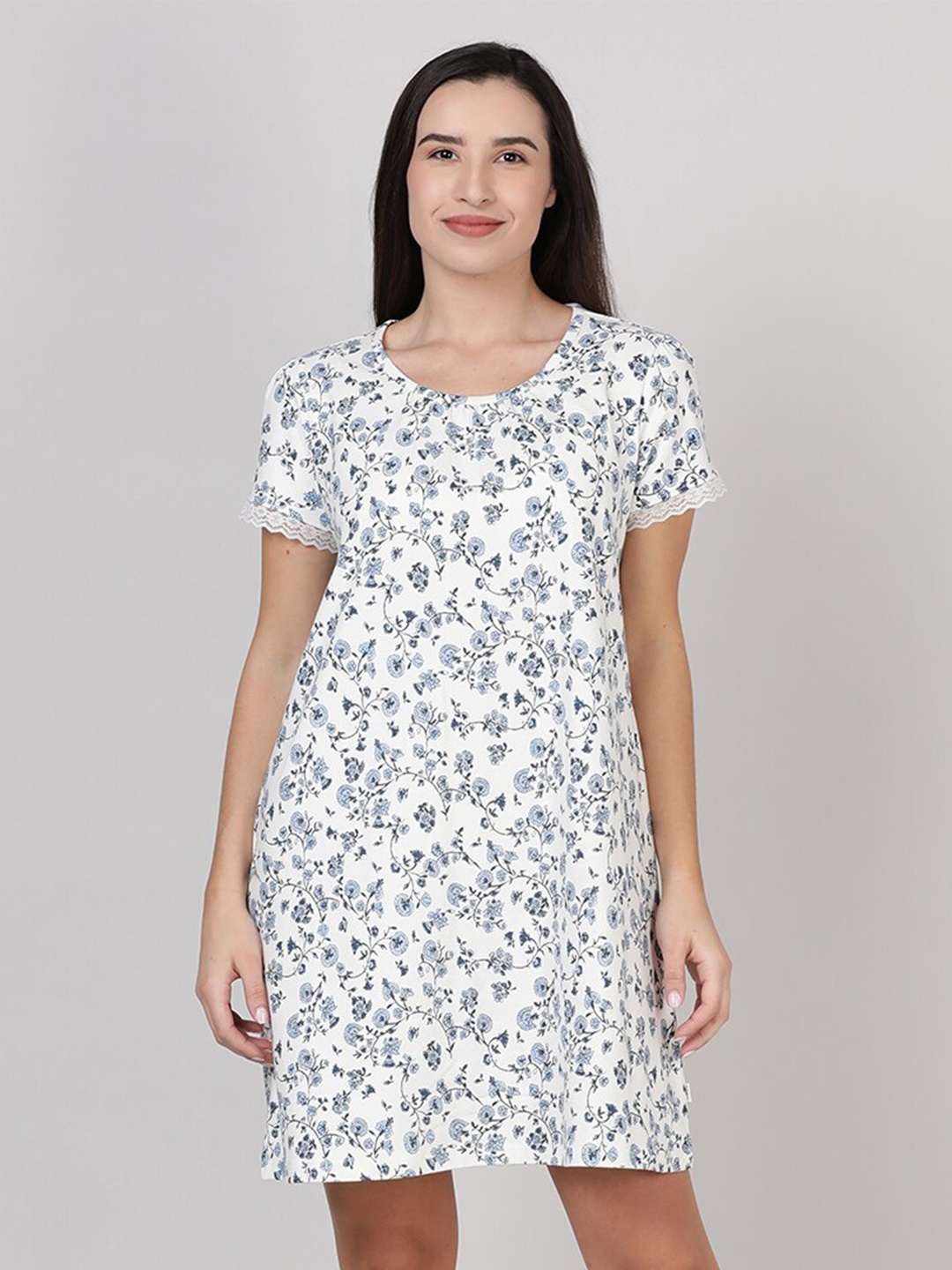 

mackly White Floral Printed Pure Cotton Above Knee Length Nightdress