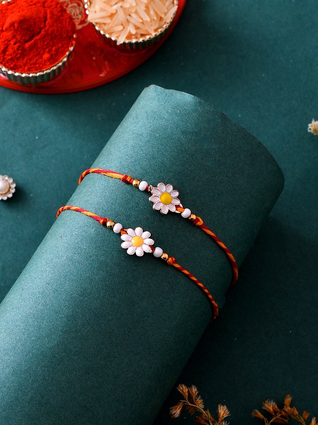 

Aapno Rajasthan Women Set of 2 Floral Rakhis with Roli Chawal and Card, White
