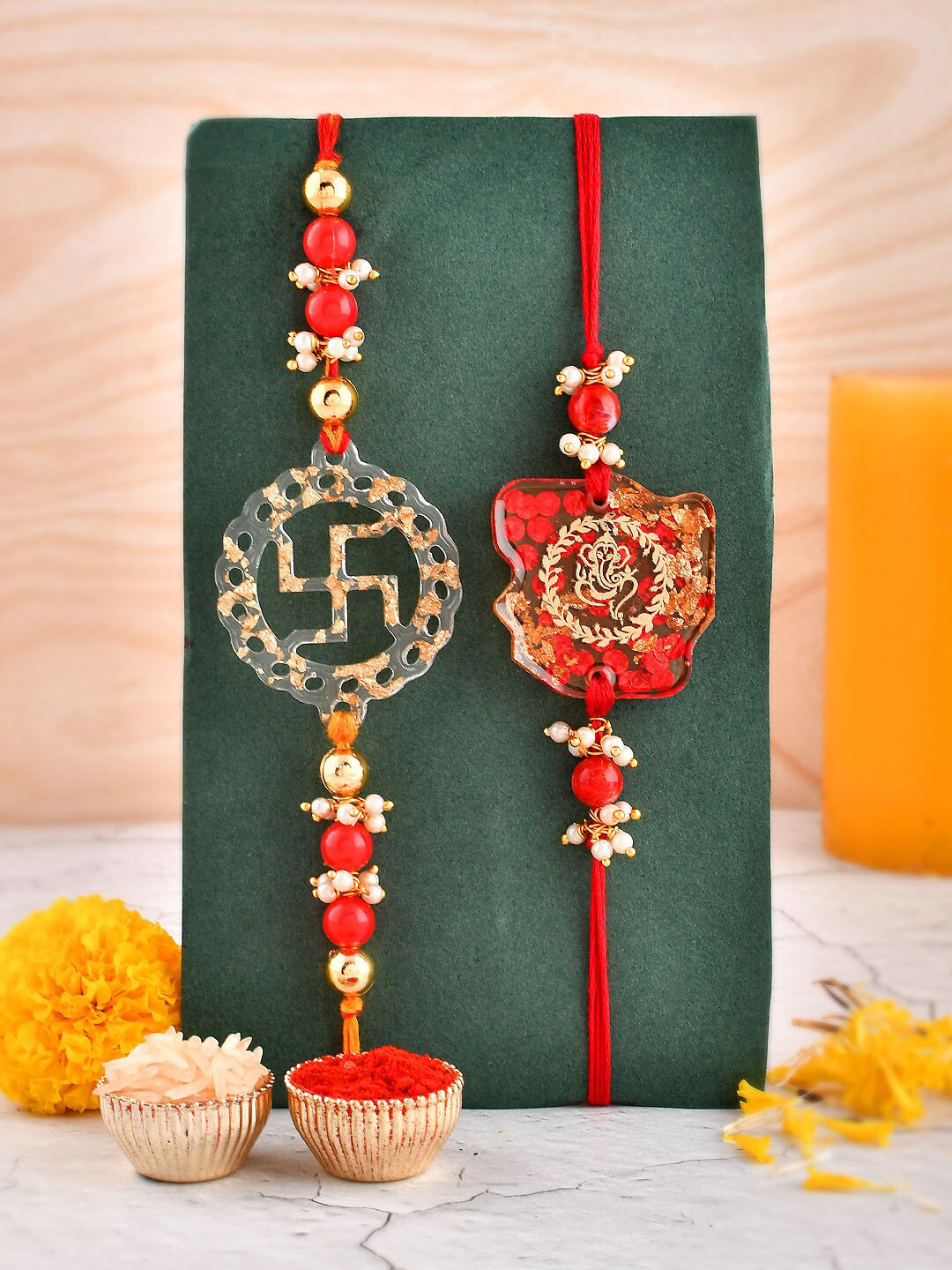 

Aapno Rajasthan Set of 2 Traditional Divine Rakhi with Greeting Card & Roli Chawal, Red