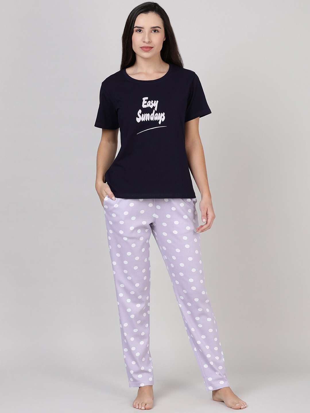 

mackly Typography Printed Pure Cotton Night Suit, Navy blue