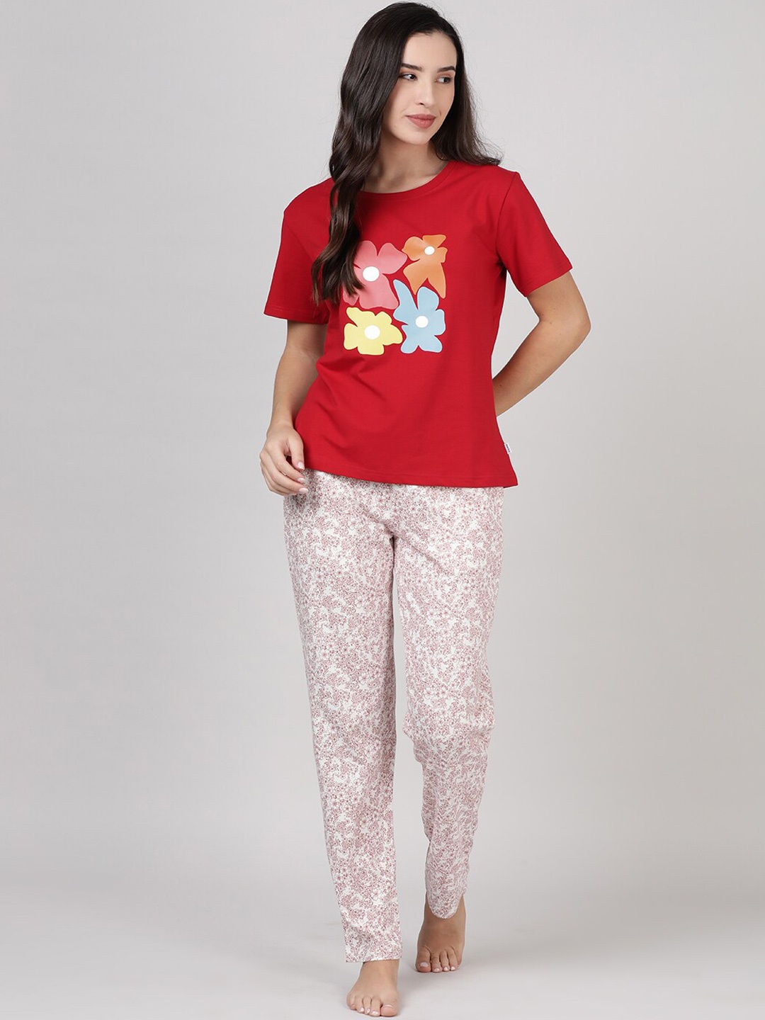 

mackly Floral Printed Pure Cotton Night Suit, Red