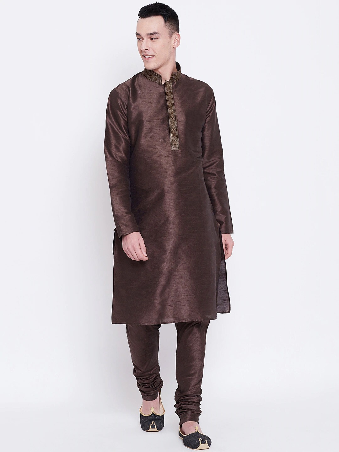 

SG LEMAN Mandarin Collar Thread Work Detail Straight Kurta with Churidar, Brown