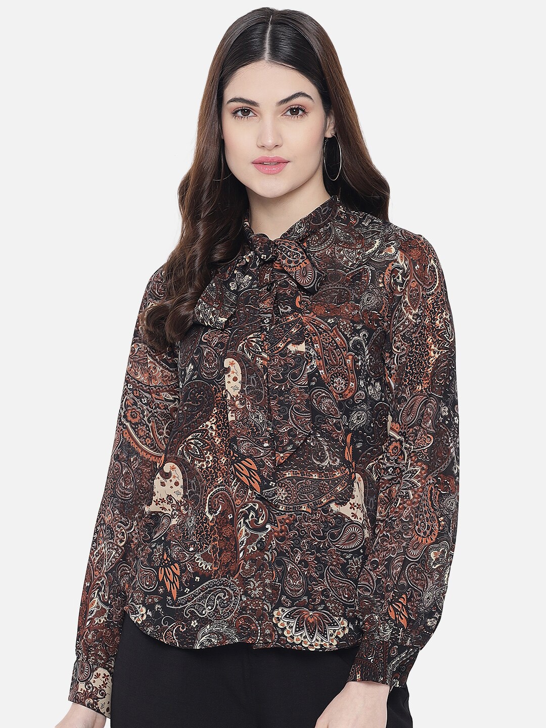 

Trend Arrest Ethnic Motifs Printed Tie-Up Neck Top, Brown