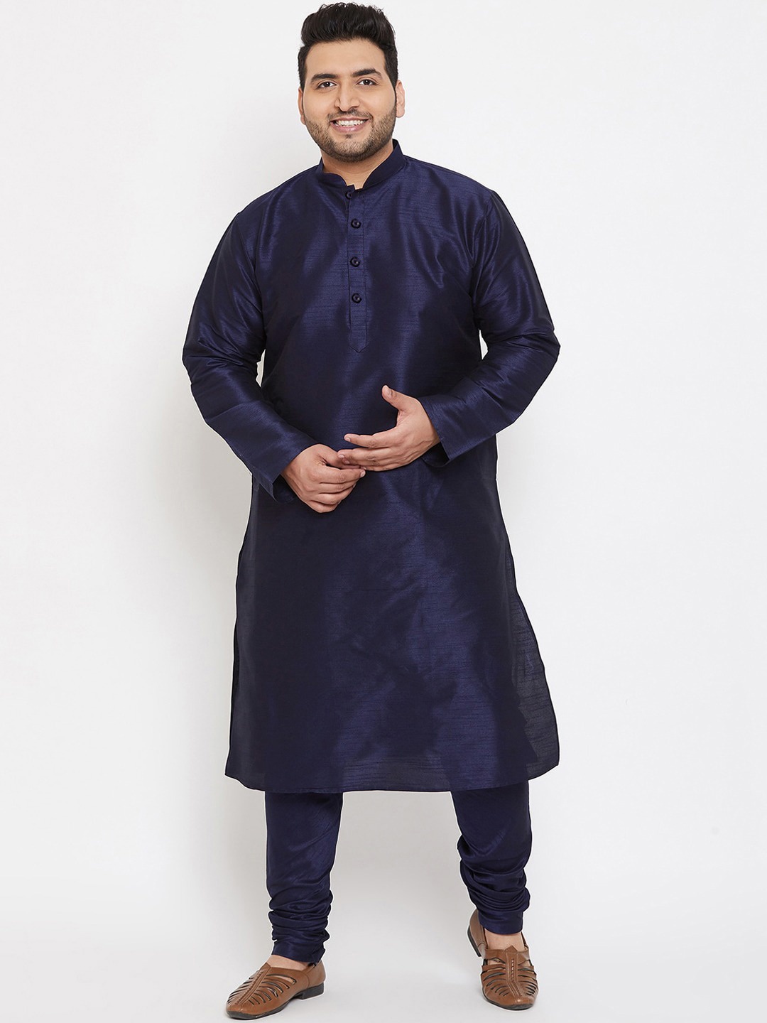 

SG LEMAN Plus Plus Size Mandarin Collar Straight Kurta With Churidar, Navy blue